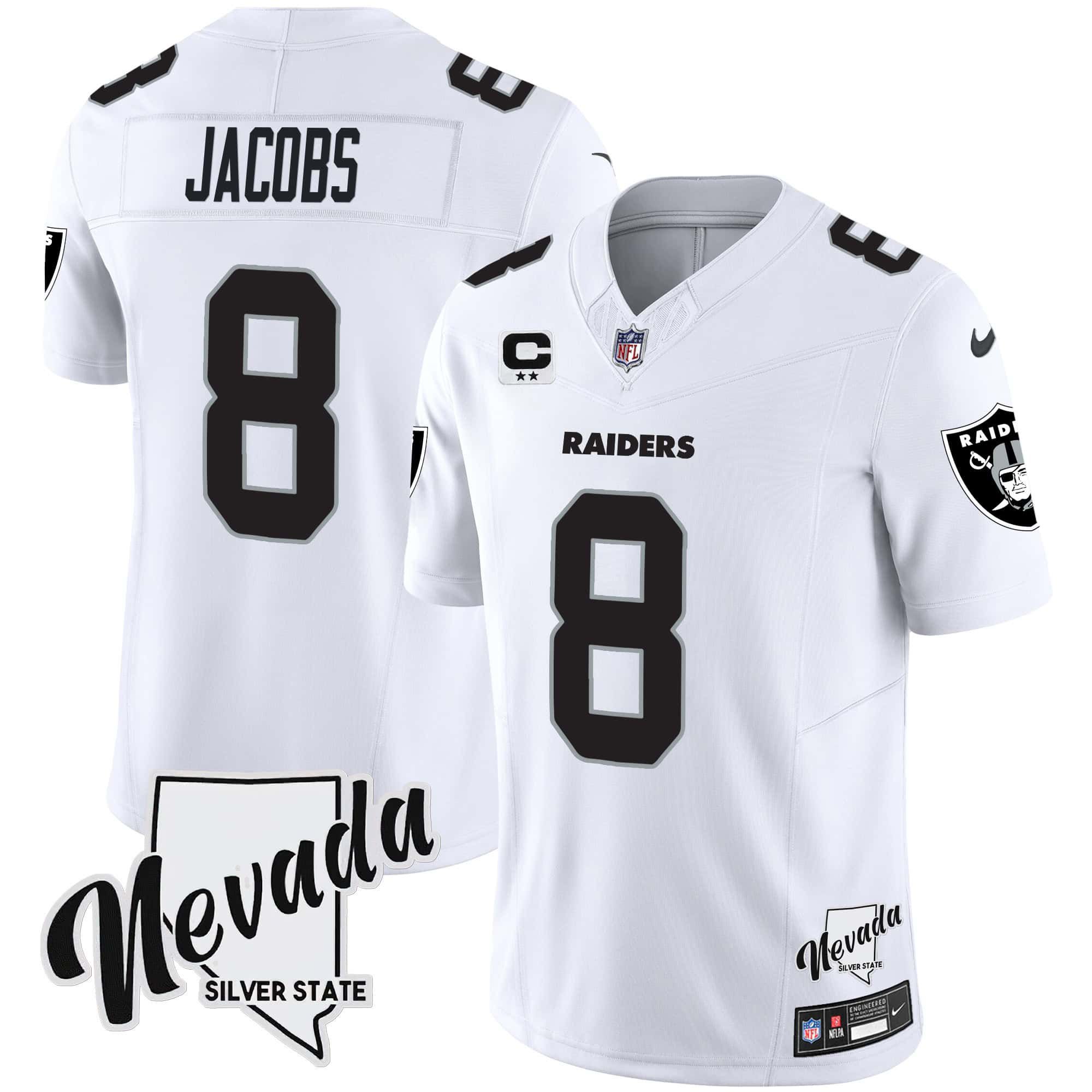 Men Oakland Raiders #8 Jacobs White 2024 Nike Nevada Silver State Patch Vapor NFL Jersey